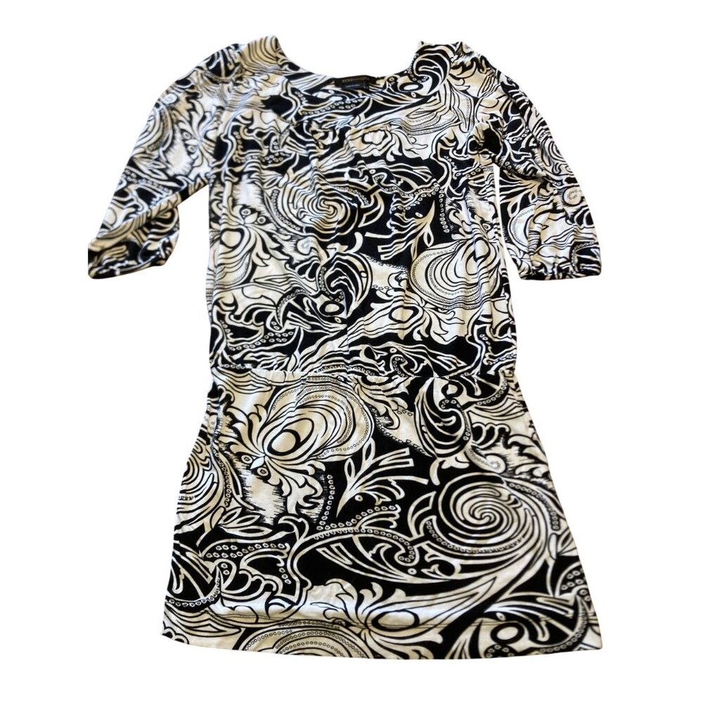 BCBGMAXAZRIA Black & White Abstract Print Dress XS 3/4 Sleeve Stretch Knit Scoop - Picture 3 of 6